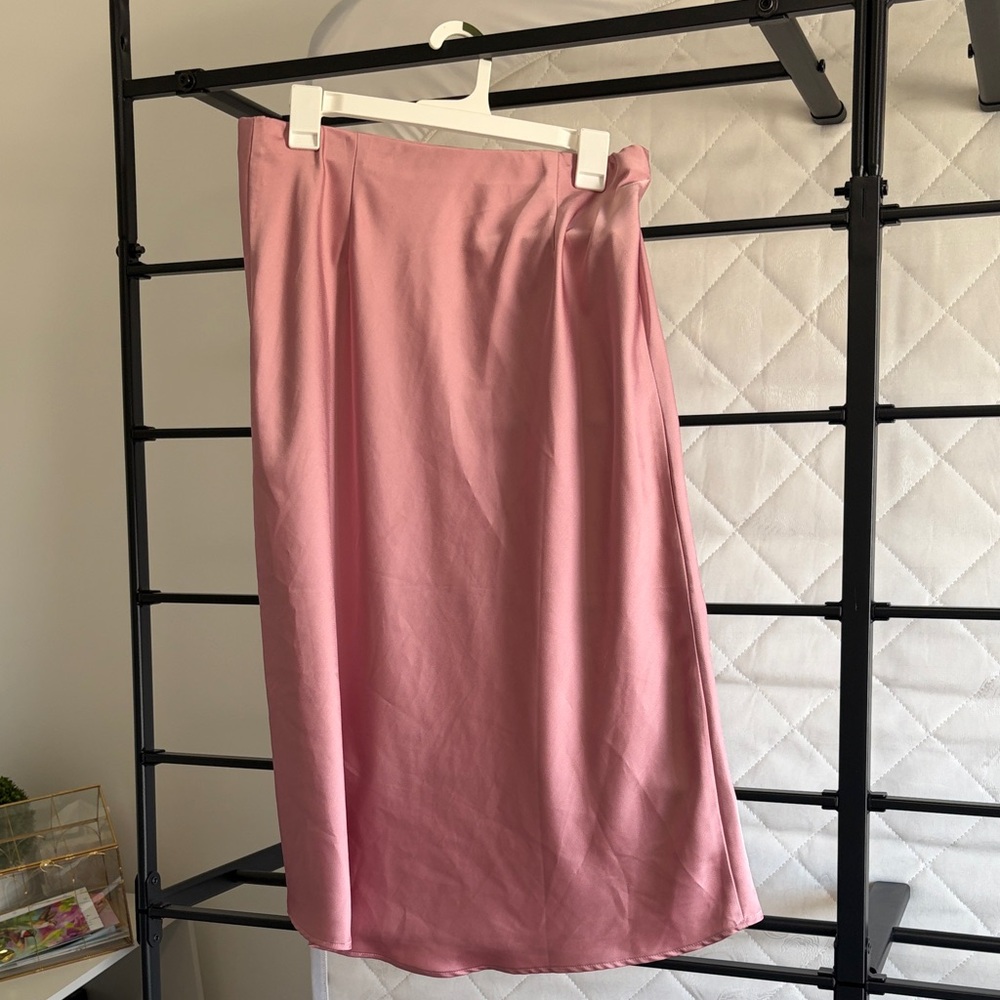 Elegant Light Pink Satin Midi Skirt for Women - Elastic Band